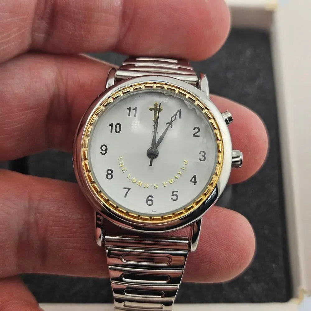 Avon Talking Prayer Watch Religious Silver Gold Two Tone Stretch Pull On Band